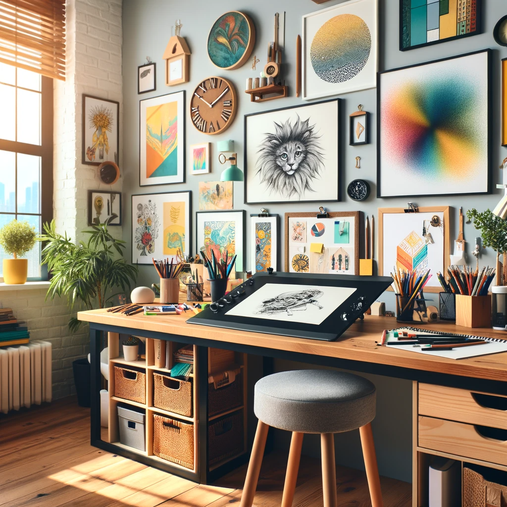 A person working in a home office with a standing desk, maintaining proper posture and ergonomic practices