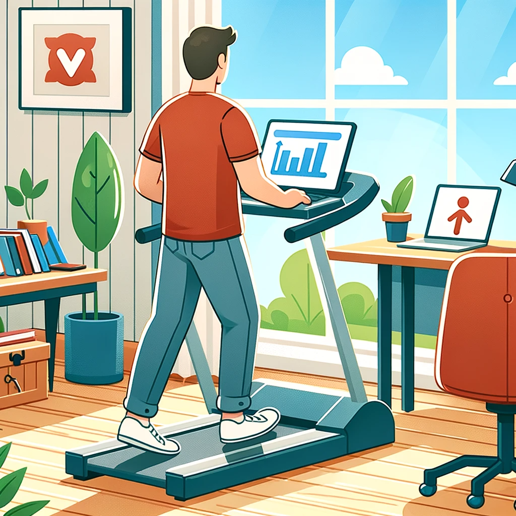 A person working in a home office with a standing desk, maintaining a healthy work-life balance